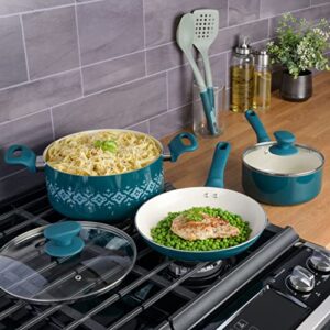 Spice by Tia Mowry Savory Saffron 7-Piece Healthy Nonstick Ceramic Cookware Set - Teal