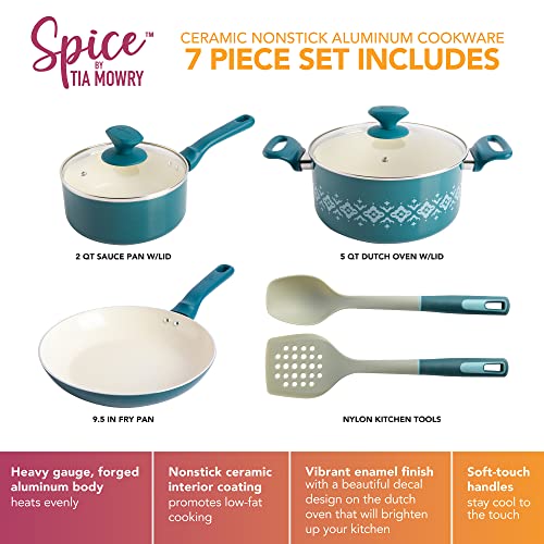 Spice by Tia Mowry Savory Saffron 7-Piece Healthy Nonstick Ceramic Cookware Set - Teal