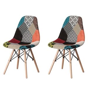 modern fabric patchwork chair with wooden legs for kitchen, dining room, entryway, living room, set 2