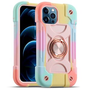 markill compatible with iphone 12 pro max case 6.7 inch with ring stand, military grade drop protection full body rugged heavy duty cover for iphone 12 pro max. (rainbow pink)