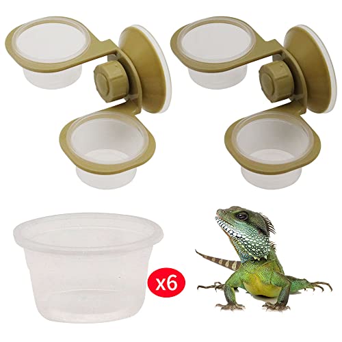 2 Pack Reptile Feeder Gecko Lizard Feeding Cup with Suction Cup, Reptile Food Water Feeder Dish with 6 pcs Cups for Geckos,Chameleon Lizard (Double)