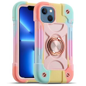 markill compatible with iphone 14 case/iphone 13 case 6.1 inch with built-in 360°rotating ring stand, military grade drop protection full body rugged heavy duty protective cover. (rainbow pink)