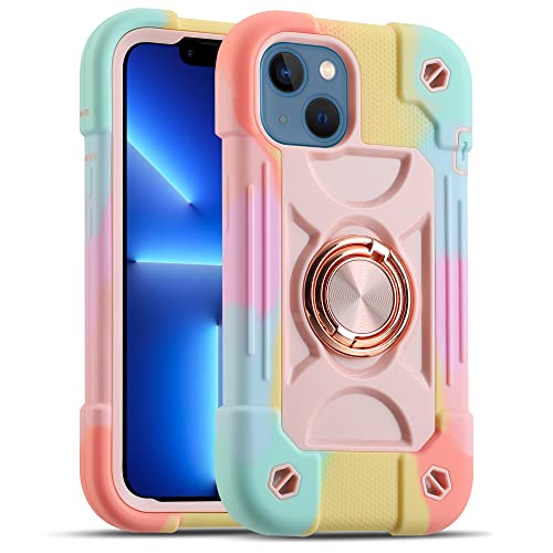 MARKILL Compatible with iPhone 14 Case/iPhone 13 Case 6.1 Inch with Built-in 360°Rotating Ring Stand, Military Grade Drop Protection Full Body Rugged Heavy Duty Protective Cover. (Rainbow Pink)