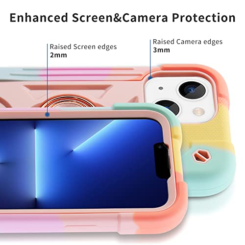 MARKILL Compatible with iPhone 14 Case/iPhone 13 Case 6.1 Inch with Built-in 360°Rotating Ring Stand, Military Grade Drop Protection Full Body Rugged Heavy Duty Protective Cover. (Rainbow Pink)