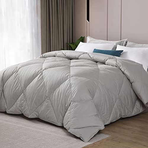 Cobnom Organic Feathers Down Comforter Queen Size, All Season Feathers Down Duvet Insert, Soft 100% Cotton Covered Bed Comforter Insert with Ties, Light Grey, 90x90