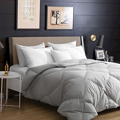 Cobnom Organic Feathers Down Comforter Queen Size, All Season Feathers Down Duvet Insert, Soft 100% Cotton Covered Bed Comforter Insert with Ties, Light Grey, 90x90