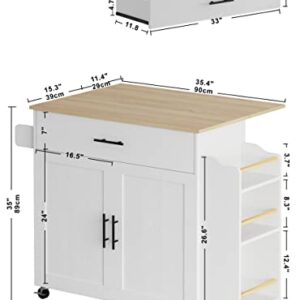 IRONCK Kitchen Island with Storage, Rolling Kitchen Island on Wheels with Drop Leaf, 3 Open Spice Rack Shelf, Door Cabinet, Drawer, Kitchen Cart Island Table for Kitchen, White