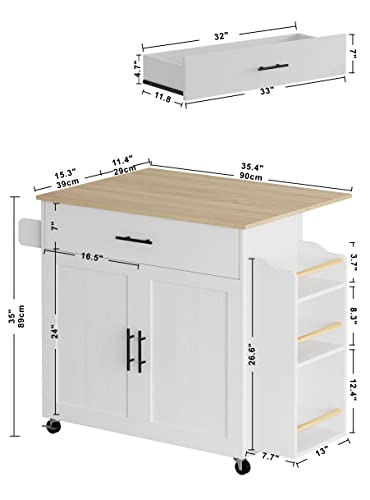 IRONCK Kitchen Island with Storage, Rolling Kitchen Island on Wheels with Drop Leaf, 3 Open Spice Rack Shelf, Door Cabinet, Drawer, Kitchen Cart Island Table for Kitchen, White