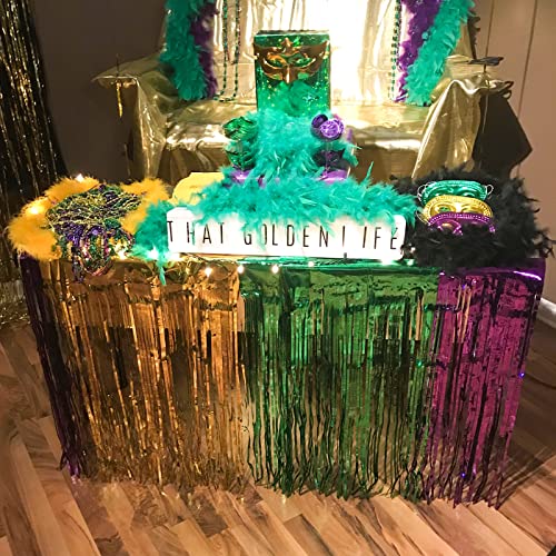 PartyWoo Mardi Gras Decorations, 2 pcs 2.5x9.8 ft Mardi Gras Fringe Table Skirt, Green Purple Gold Splicing Foil Fringe Tinsel for Mardi Gras Party Decorations, Mardi Gras Backdrop, Table Decorations