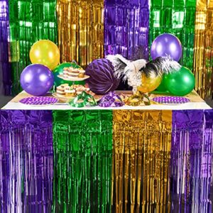 partywoo mardi gras decorations, 2 pcs 2.5x9.8 ft mardi gras fringe table skirt, green purple gold splicing foil fringe tinsel for mardi gras party decorations, mardi gras backdrop, table decorations