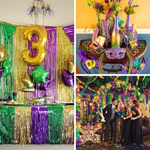 PartyWoo Mardi Gras Decorations, 2 pcs 2.5x9.8 ft Mardi Gras Fringe Table Skirt, Green Purple Gold Splicing Foil Fringe Tinsel for Mardi Gras Party Decorations, Mardi Gras Backdrop, Table Decorations