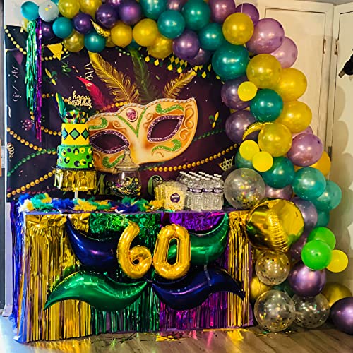 PartyWoo Mardi Gras Decorations, 2 pcs 2.5x9.8 ft Mardi Gras Fringe Table Skirt, Green Purple Gold Splicing Foil Fringe Tinsel for Mardi Gras Party Decorations, Mardi Gras Backdrop, Table Decorations