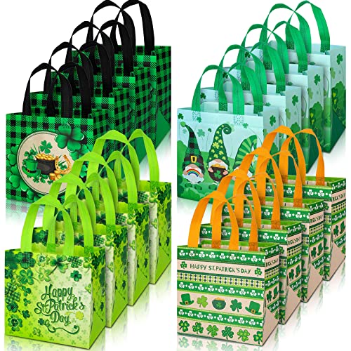 Whaline St. Patrick's Day Tote Bags with Handles, Reusable Gift Bag Waterproof Grocery Goodie Shopping Totes for Party Supplies, 16 Pack