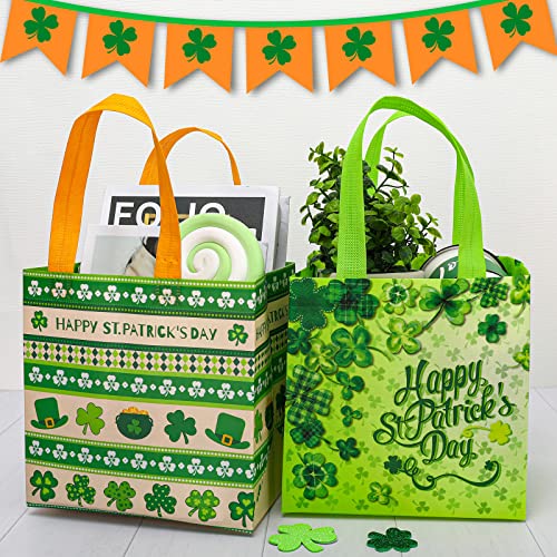 Whaline St. Patrick's Day Tote Bags with Handles, Reusable Gift Bag Waterproof Grocery Goodie Shopping Totes for Party Supplies, 16 Pack