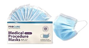 procure disposable 3 ply face masks, 50 count - individually wrapped - comfortable elastic earloops - glass free filter - latex free - non woven - filters dust, pollen