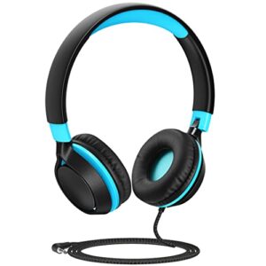 dybaxa kids headphones wired, foldable on ear headset, volume limiter 94db, over-ear headphones for school online classes travel children, 3.5mm jack compatible smartphones, black blue