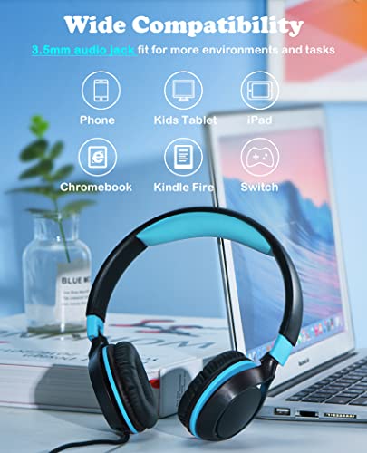 DyBaxa Kids Headphones Wired, Foldable On Ear Headset, Volume Limiter 94dB, Over-Ear Headphones for School Online Classes Travel Children, 3.5mm Jack Compatible Smartphones, Black Blue