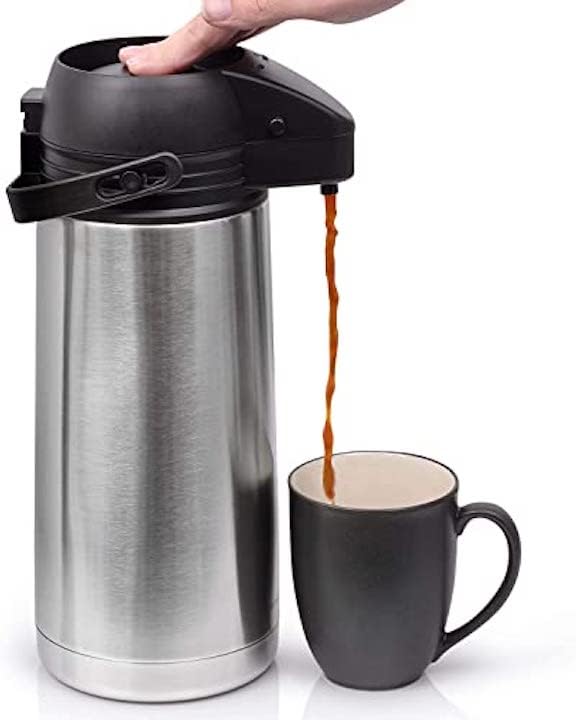 Airpot Coffee Dispenser with Easy Push Button Stainless Steel Double-Wall Vacuum Insulated Thermos Effectively Keeps Beverages Hot or Cold