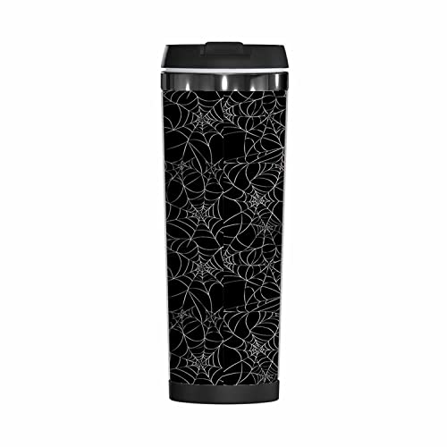 WONDERTIFY Spider Web Coffee Cup Halloween Gothic Scary Netting Coffee Mug Stainless Steel Bottle Double Walled Thermo Travel Water Metal Canteen Black Grey