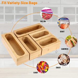 WICHEMI Food Bag Storage Organizer - Bamboo Bag Container Dispenser for Kitchen Drawer Food Storage Bag Holders Compatible with Ziplock, Gallon, Quart, Sandwich, Snack, Candy Variety Size Bags