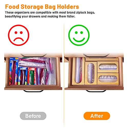 WICHEMI Food Bag Storage Organizer - Bamboo Bag Container Dispenser for Kitchen Drawer Food Storage Bag Holders Compatible with Ziplock, Gallon, Quart, Sandwich, Snack, Candy Variety Size Bags