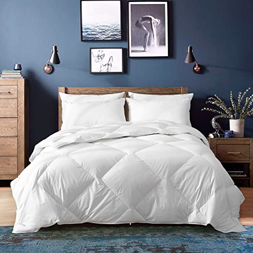 Cobnom Organic Feathers Down Comforter Queen Size, All Season Feathers Down Duvet Insert, Soft 100% Cotton Covered Bed Comforter Insert with Ties, Ivory White, 90x90