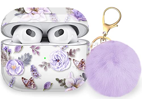 Maxjoy Compatible AirPods 3rd Generation Case, Flower Clear Cute Case for Women Girls Soft Protective Air Pod 3 Gen Cover with Keychain Compatible with Apple Airpods 3rd Charging Case 2021, Purple