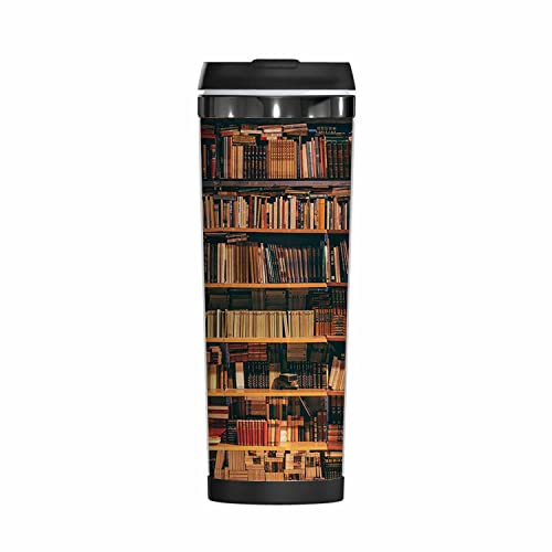 WONDERTIFY Library Coffee Cup Book Case Bookshelf Bookworm Decor Coffee Mug Stainless Steel Bottle Double Walled Thermo Travel Water Metal Canteen