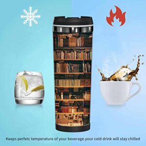 WONDERTIFY Library Coffee Cup Book Case Bookshelf Bookworm Decor Coffee Mug Stainless Steel Bottle Double Walled Thermo Travel Water Metal Canteen