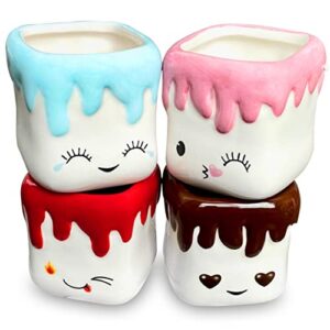 gem wares hot chocolate shaped marshmallow mugs set of 4 kids hot cocoa mugs with unique emojis and an interactive card game, fun marshmallow cups for hot and cold drinks