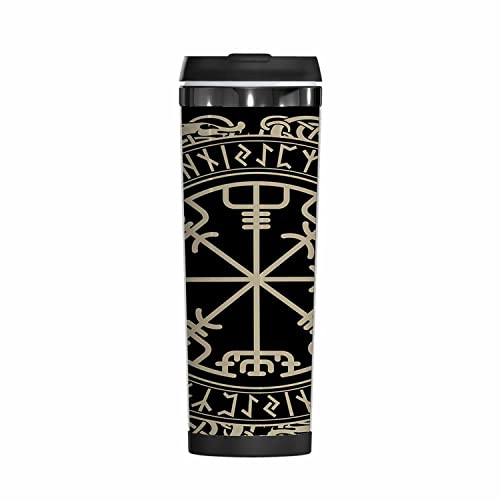 WONDERTIFY Viking Coffee Cup Magical Runic Compass Vegvisir Norse Runes Dragons Coffee Mug Stainless Steel Bottle Double Walled Thermo Travel Water Metal Canteen Black