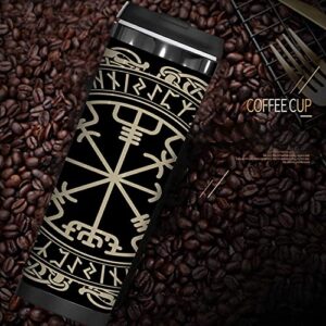 WONDERTIFY Viking Coffee Cup Magical Runic Compass Vegvisir Norse Runes Dragons Coffee Mug Stainless Steel Bottle Double Walled Thermo Travel Water Metal Canteen Black