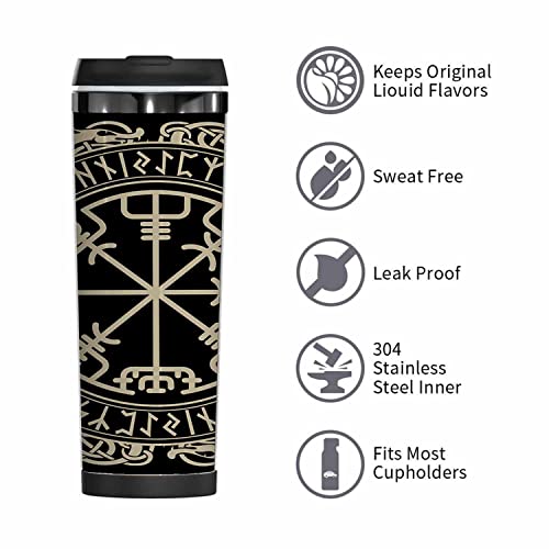 WONDERTIFY Viking Coffee Cup Magical Runic Compass Vegvisir Norse Runes Dragons Coffee Mug Stainless Steel Bottle Double Walled Thermo Travel Water Metal Canteen Black