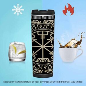 WONDERTIFY Viking Coffee Cup Magical Runic Compass Vegvisir Norse Runes Dragons Coffee Mug Stainless Steel Bottle Double Walled Thermo Travel Water Metal Canteen Black