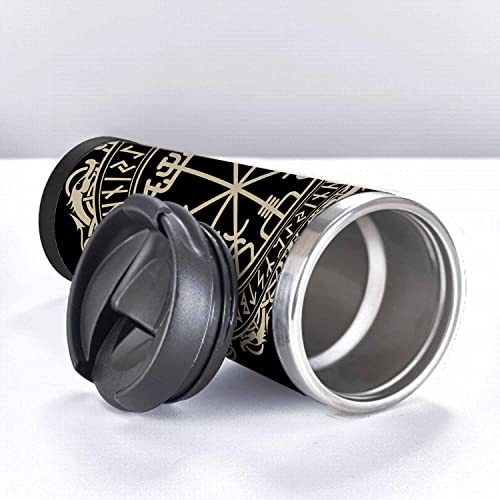 WONDERTIFY Viking Coffee Cup Magical Runic Compass Vegvisir Norse Runes Dragons Coffee Mug Stainless Steel Bottle Double Walled Thermo Travel Water Metal Canteen Black