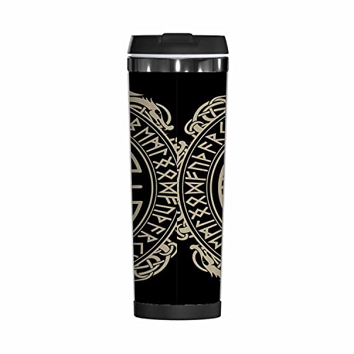 WONDERTIFY Viking Coffee Cup Magical Runic Compass Vegvisir Norse Runes Dragons Coffee Mug Stainless Steel Bottle Double Walled Thermo Travel Water Metal Canteen Black