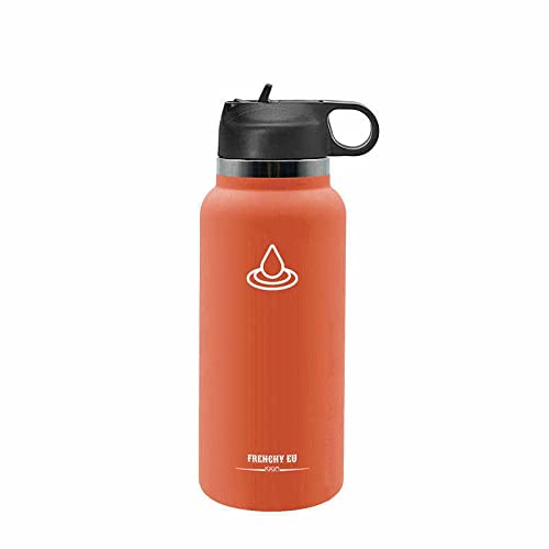 Frenchy EU Sports Water Bottle - 32 OZ, lids (Straw lid) Stainless Steel, Vacuum Insulated, Wide Mouth, Leak Proof, Reusable, Ecologique (Sandy Brown)