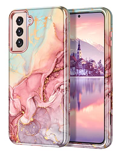Btscase for Samsung S21 FE 5G 2022 Case, Marble Pattern 3 in 1 Heavy Duty Shockproof Full Body Rugged Hard PC+Soft Silicone Drop Protective Women Girl Cover for Samsung Galaxy S21 FE 5G, Rose Gold