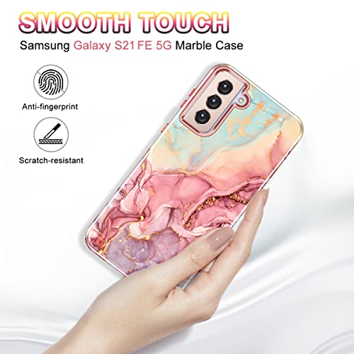 Btscase for Samsung S21 FE 5G 2022 Case, Marble Pattern 3 in 1 Heavy Duty Shockproof Full Body Rugged Hard PC+Soft Silicone Drop Protective Women Girl Cover for Samsung Galaxy S21 FE 5G, Rose Gold