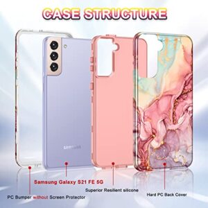 Btscase for Samsung S21 FE 5G 2022 Case, Marble Pattern 3 in 1 Heavy Duty Shockproof Full Body Rugged Hard PC+Soft Silicone Drop Protective Women Girl Cover for Samsung Galaxy S21 FE 5G, Rose Gold