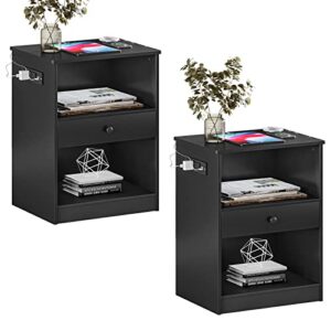 ephex set of 2 nightstand with charging station and drawer, end side table with usb ports & power outlet, bedside table storage cabinet with 2 open drawers for bedroom, black