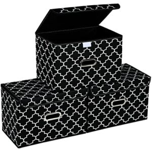storeone fabric storage cube bins foldable organizer container collapsible basket with lids and metal handles, for home, bedroom, closet 3 pcs (black light)
