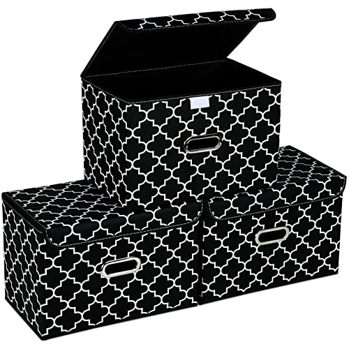 STOREONE Fabric Storage Cube Bins Foldable Organizer Container Collapsible Basket with Lids and Metal Handles, for Home, Bedroom, Closet 3 Pcs (Black Light)