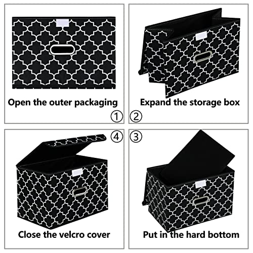 STOREONE Fabric Storage Cube Bins Foldable Organizer Container Collapsible Basket with Lids and Metal Handles, for Home, Bedroom, Closet 3 Pcs (Black Light)