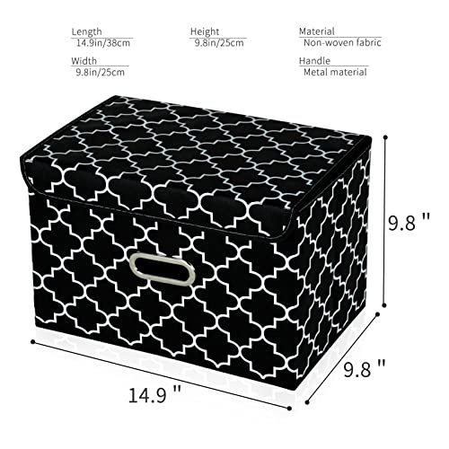 STOREONE Fabric Storage Cube Bins Foldable Organizer Container Collapsible Basket with Lids and Metal Handles, for Home, Bedroom, Closet 3 Pcs (Black Light)