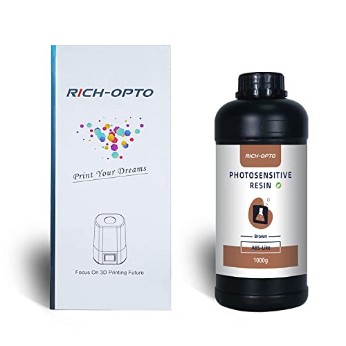 RICH-OPTO ABS-Like Resin for 3D Printer UV-Curing 405nm Non-Brittle Drillable Elasticity Rapid High Precision Quick Curing Photopolymer Resolution Low Odor for LCD 3D Printing Liquid Brown 1000g