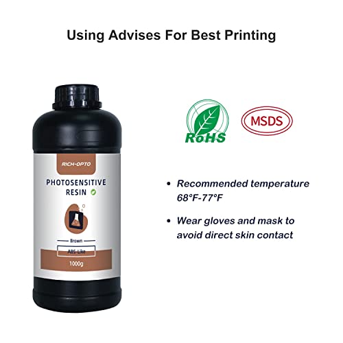 RICH-OPTO ABS-Like Resin for 3D Printer UV-Curing 405nm Non-Brittle Drillable Elasticity Rapid High Precision Quick Curing Photopolymer Resolution Low Odor for LCD 3D Printing Liquid Brown 1000g