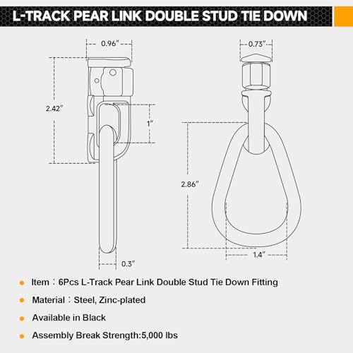 L-Track Double Stud Tie Down Fitting with  Pear Link | Used with L Track Rail for Truck Bed,Trailer Cargo Control,Pickup,RV,ATV,Bearing 5000 LBS Heavy Duty Steel (Pack of 6 Black)