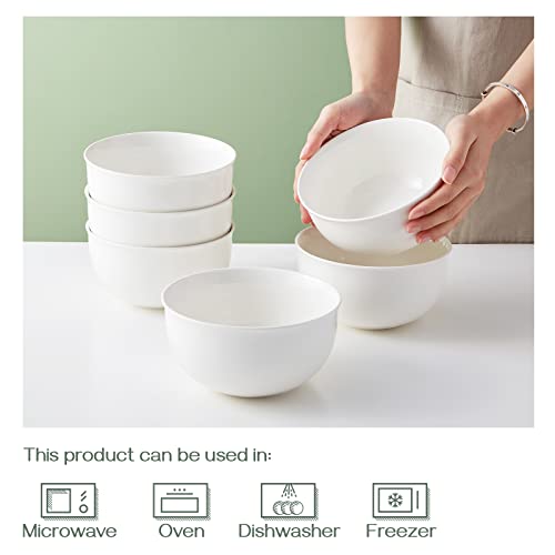 DOWAN Ceramic Soup Bowls, 32 Ounces Cereal Bowl Set for 6, Porcelain Salad Bowls for Kitchen, White Bowls for Cereal Soup Ramen Pasta Salad Oatmeal, Dishwasher and Microwave Safe