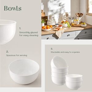 DOWAN Ceramic Soup Bowls, 32 Ounces Cereal Bowl Set for 6, Porcelain Salad Bowls for Kitchen, White Bowls for Cereal Soup Ramen Pasta Salad Oatmeal, Dishwasher and Microwave Safe